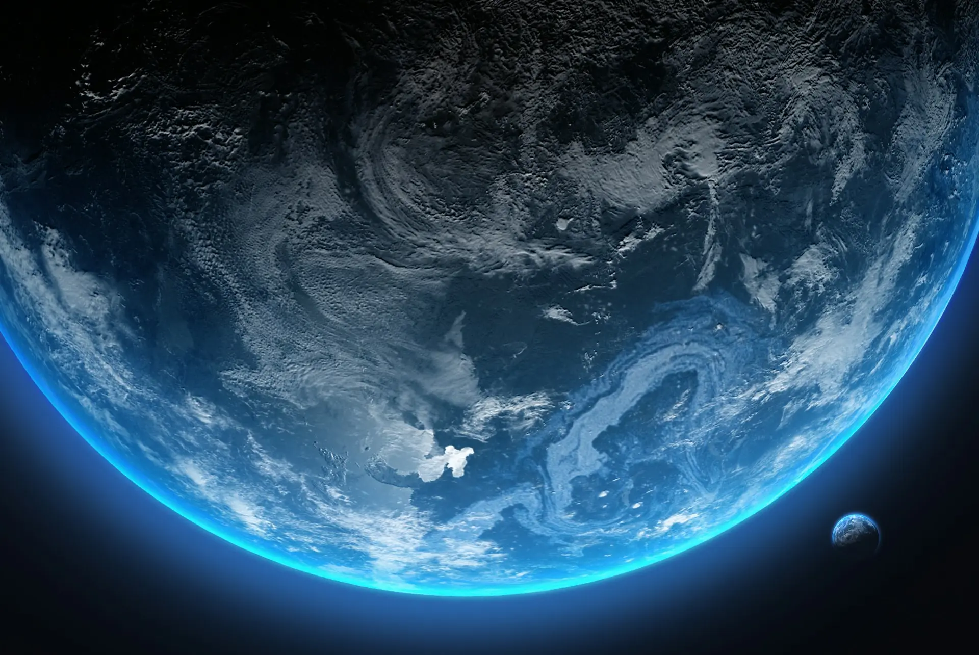 a planet with clouds and water
